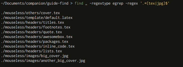 Output of the CLI find using test expression -regex and -regextype